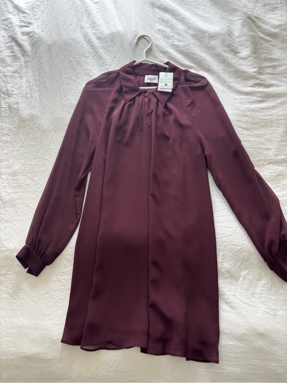 Claudie Pierlot Burgundy Long-Sleeve Mini Dress with Tie Neck